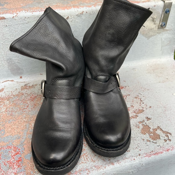 Frye Black Leather Biker Buckle Boots - Picture 3 of 6